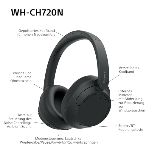 Sony WH-CH720N Kabellose Bluetooth-Kopfhörer – Noise Cancelling, 35h Akku, Schnellladefunktion, Schwarz