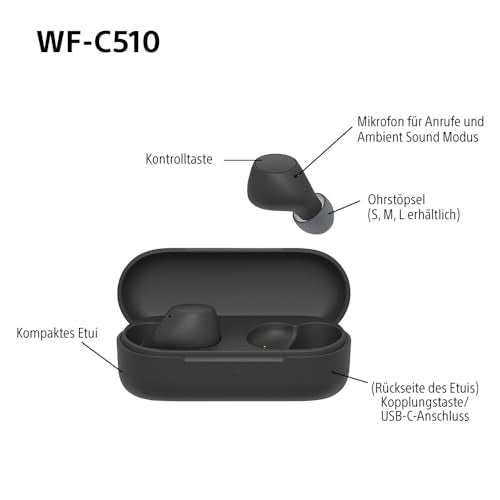 Sony WF-C510 Kabellose In-Ear-Kopfhörer – Leicht, 22h Akku, Bluetooth, Ambient Sound, Schwarz