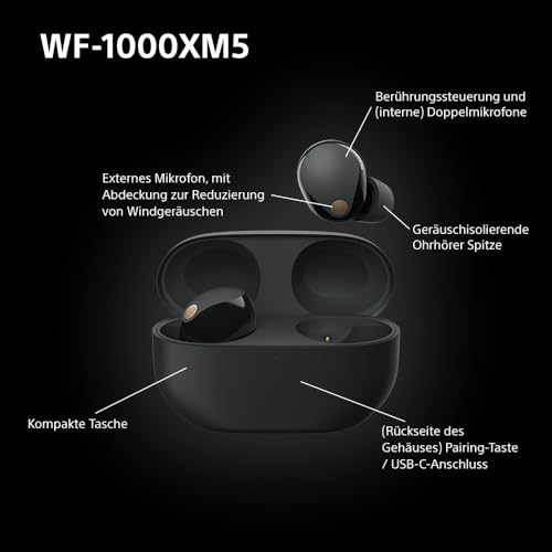 Sony WF-1000XM5 Kabellose In-Ear-Kopfhörer – Noise Cancelling, Bluetooth, 24h Akku, Schnellladefunktion, Schwarz
