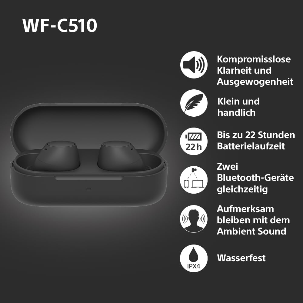 Sony WF-C510 Kabellose In-Ear-Kopfhörer – Leicht, 22h Akku, Bluetooth, Ambient Sound, Schwarz