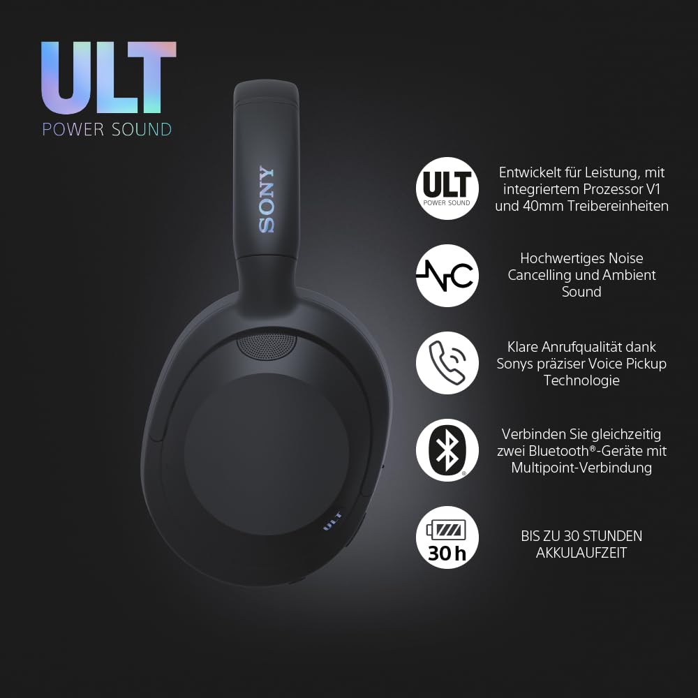 Sony ULT WEAR Kabellose Bluetooth-Kopfhörer – Noise Cancelling, Mikrofon, 30h Akku, Bass Boost, Schwarz