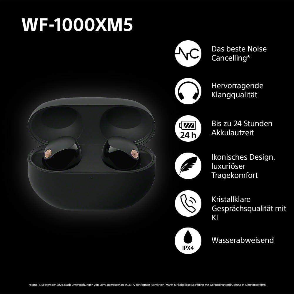 Sony WF-1000XM5 Kabellose In-Ear-Kopfhörer – Noise Cancelling, Bluetooth, 24h Akku, Schnellladefunktion, Schwarz