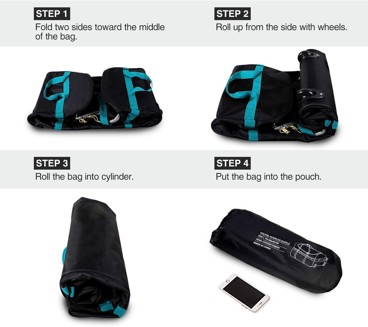 CampMax 85L Faltbare Reisetasche mit Rollen – Große Trolley Sporttasche für Reise & Camping, Schwarz/Blau
