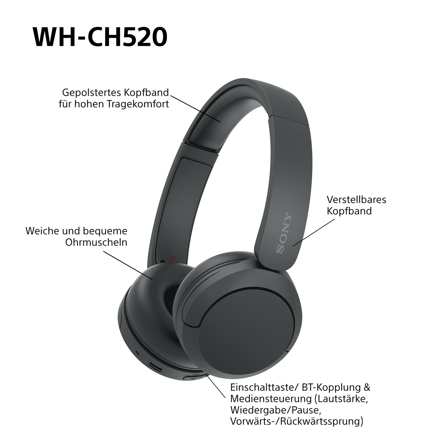 Sony WH-CH520 Bluetooth On-Ear Kopfhörer – 50h Akku, Schnellladefunktion, Schwarz