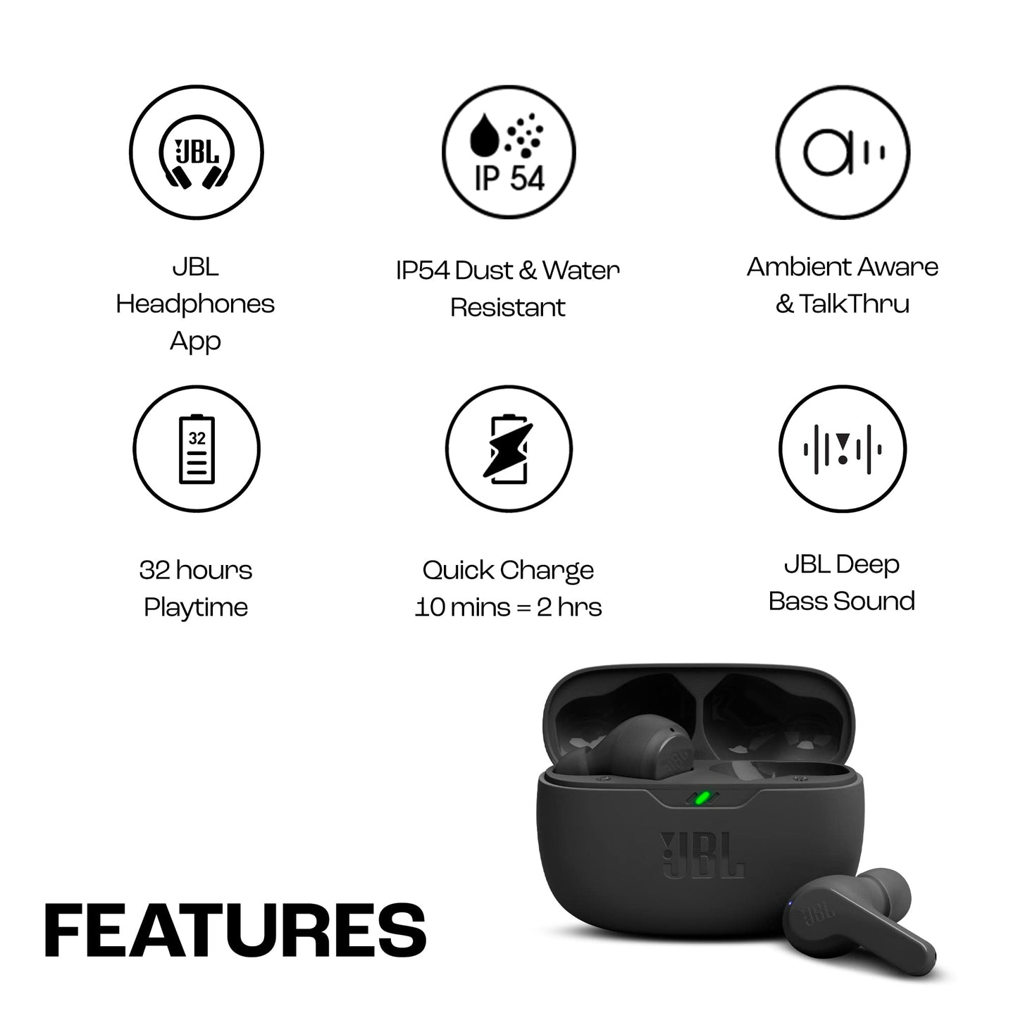 JBL Wave Beam – Kabellose In-Ear-Kopfhörer mit IP54/IPX2, Freisprechfunktion, 32 Std. Akkulaufzeit – Schwarz