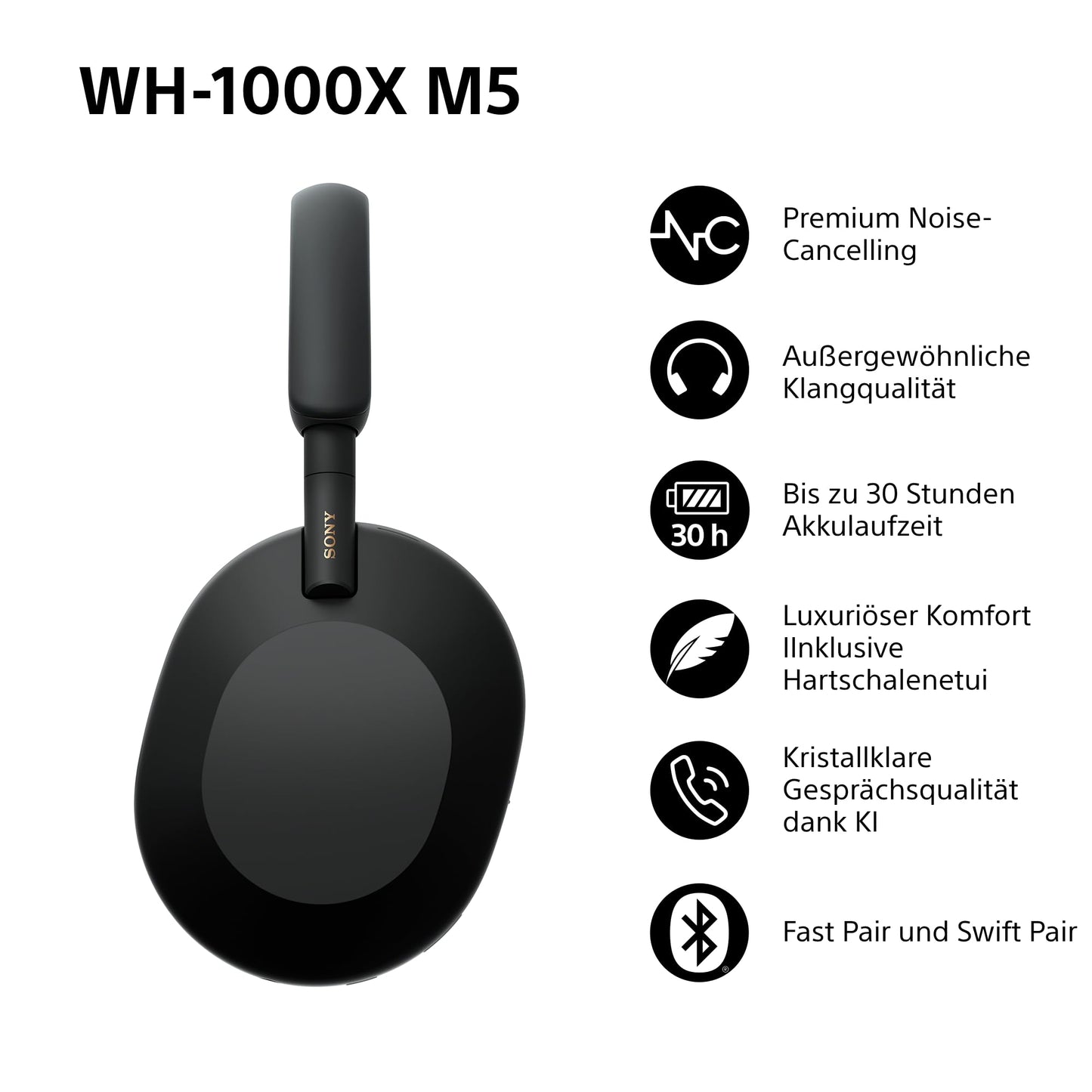 Sony WH-1000XM5 Kabelloser Premium-Kopfhörer – Noise Cancelling, Bluetooth, Hi-Res Audio, 30h Akku, Schwarz