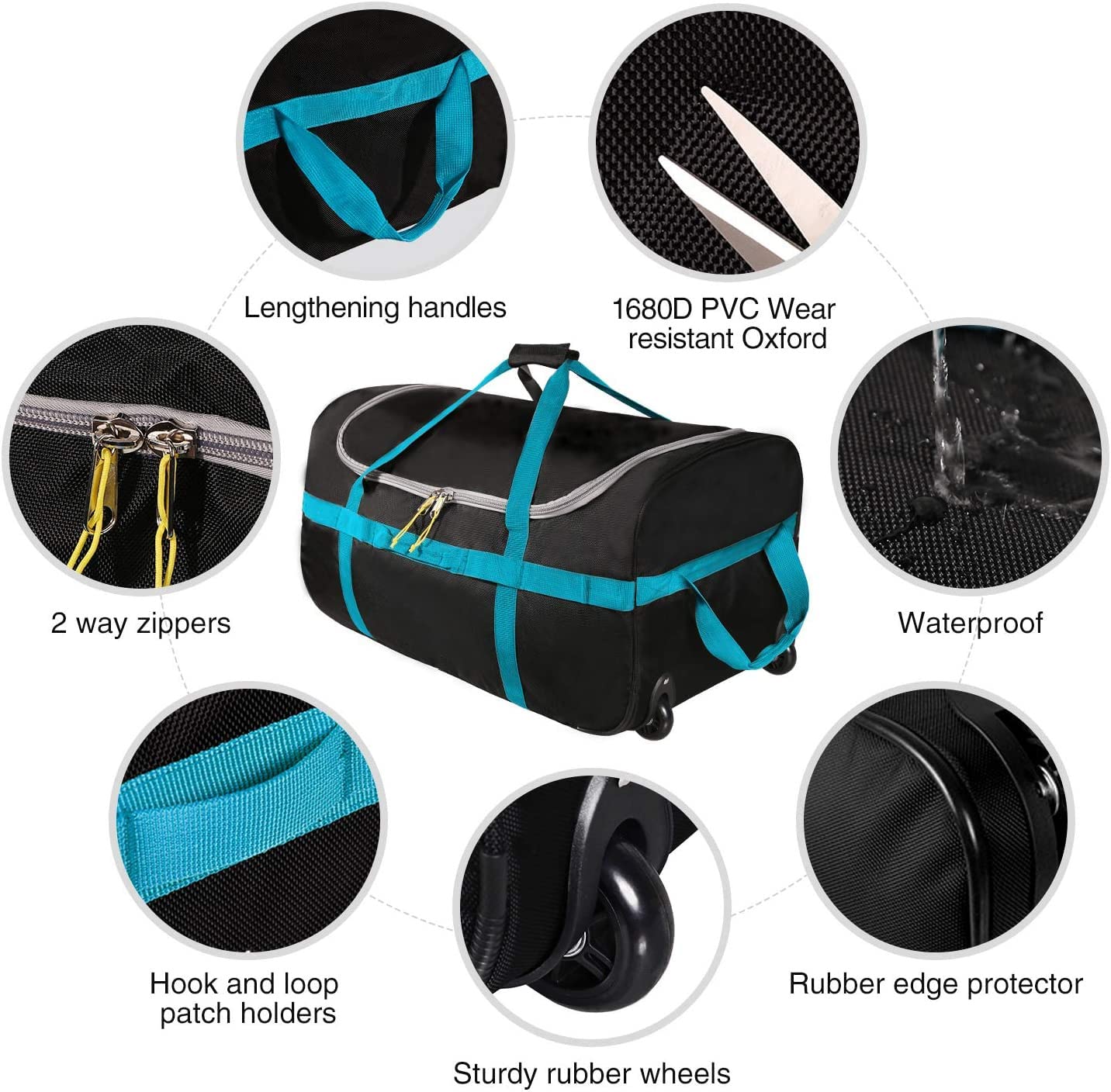 CampMax 85L Faltbare Reisetasche mit Rollen – Große Trolley Sporttasche für Reise & Camping, Schwarz/Blau