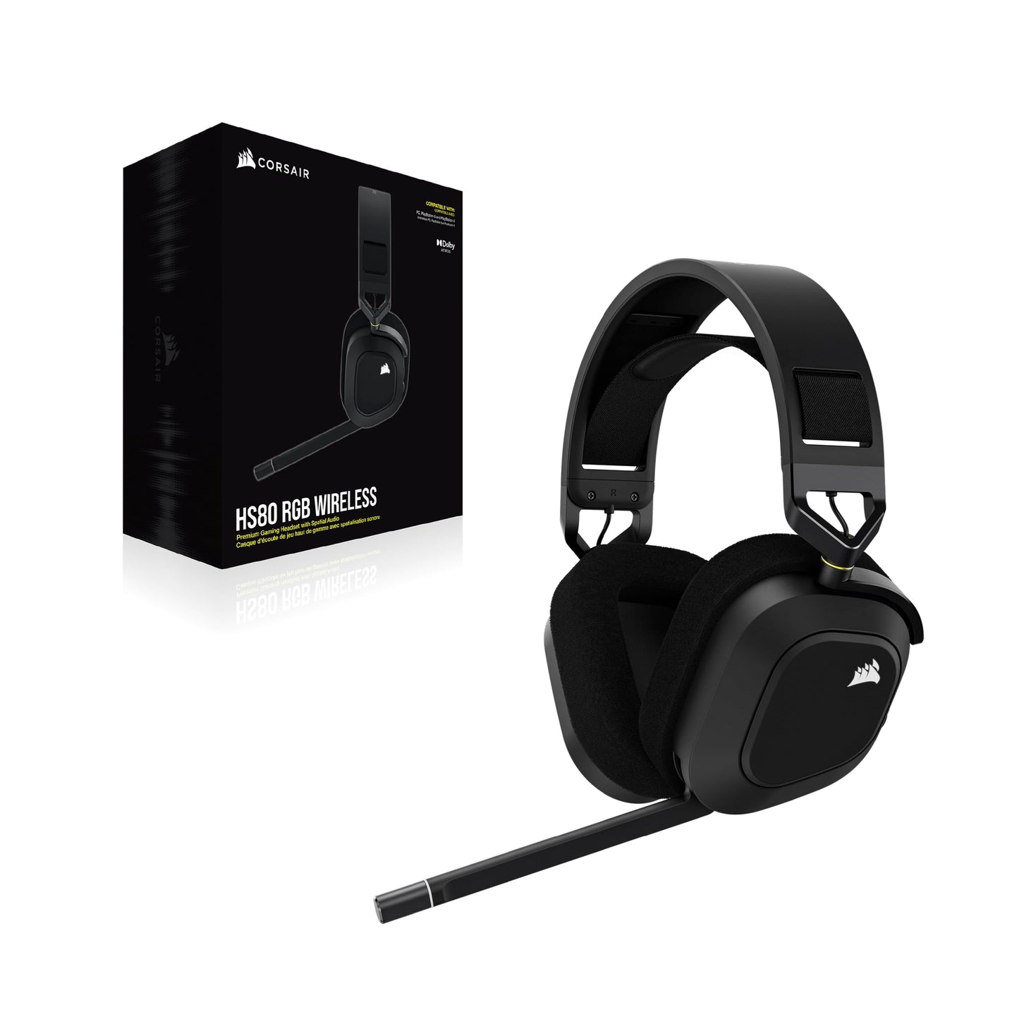 CORSAIR HS80 RGB Kabelloses Multiplattform-Gaming-Headset – Dolby Atmos, Omnidirektionales Mikrofon, iCUE-Kompatibel – PC, Mac, PS5, PS4 – Carbon