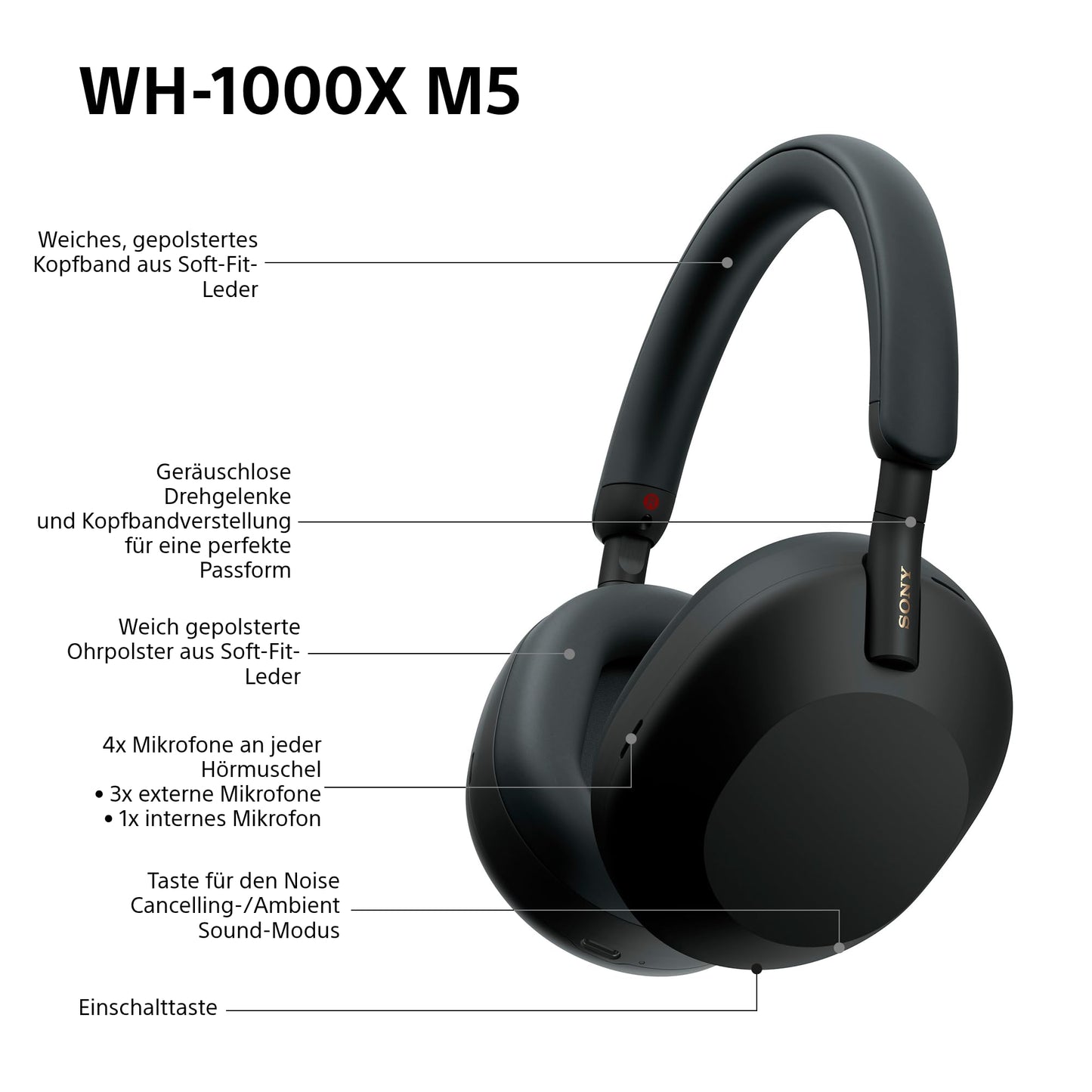 Sony WH-1000XM5 Kabelloser Premium-Kopfhörer – Noise Cancelling, Bluetooth, Hi-Res Audio, 30h Akku, Schwarz