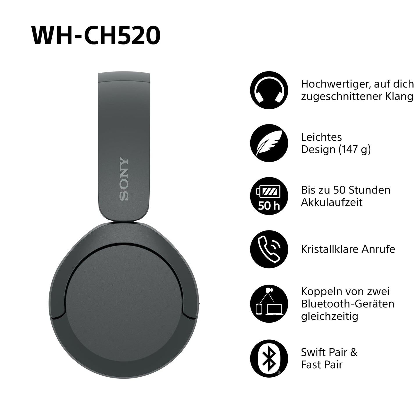 Sony WH-CH520 Bluetooth On-Ear Kopfhörer – 50h Akku, Schnellladefunktion, Schwarz