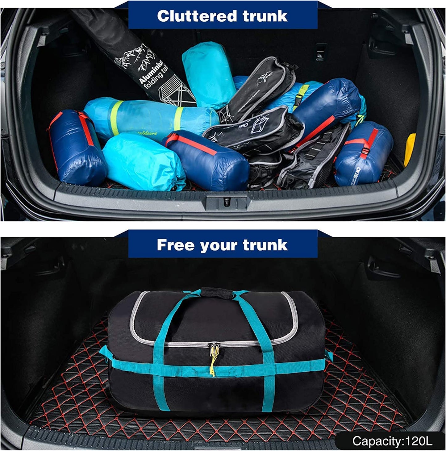 CampMax 85L Faltbare Reisetasche mit Rollen – Große Trolley Sporttasche für Reise & Camping, Schwarz/Blau