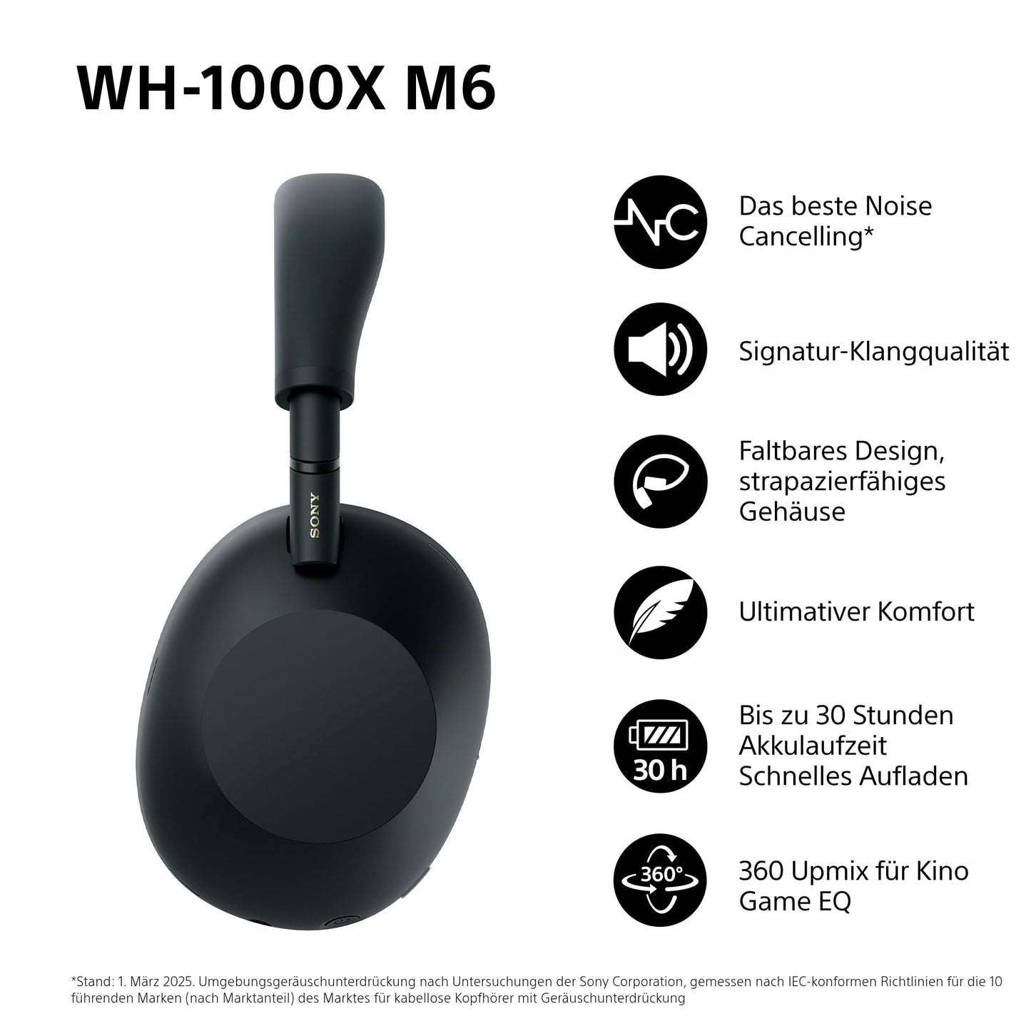 Sony WH-1000XM6 – Over-Ear Wireless Noise Cancelling Kopfhörer mit Hi-Res Sound, 30 Std. Akku & Komfortablem Design – Schwarz