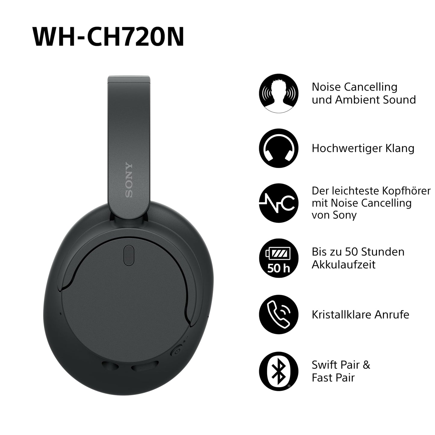 Sony WH-CH720N Kabellose Bluetooth-Kopfhörer – Noise Cancelling, 35h Akku, Schnellladefunktion, Schwarz