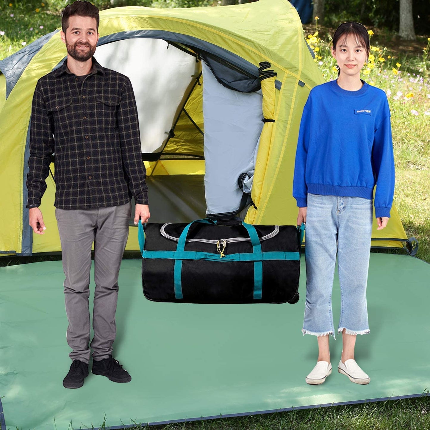 CampMax 85L Faltbare Reisetasche mit Rollen – Große Trolley Sporttasche für Reise & Camping, Schwarz/Blau