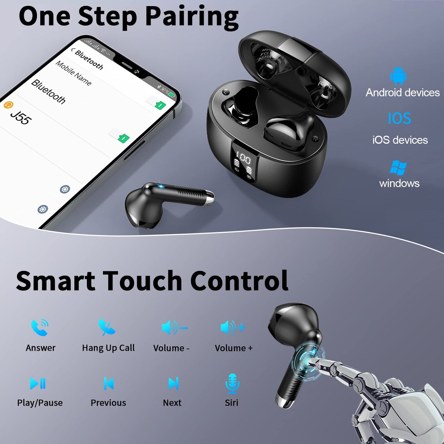 Bluetooth 5.4 In-Ear-Kopfhörer – Kabellos, 56 Std. Wiedergabe, 4 ENC Mikrofone, Noise-Cancelling, IP7 Wasserdicht, USB-C Ladecase – Schwarz
