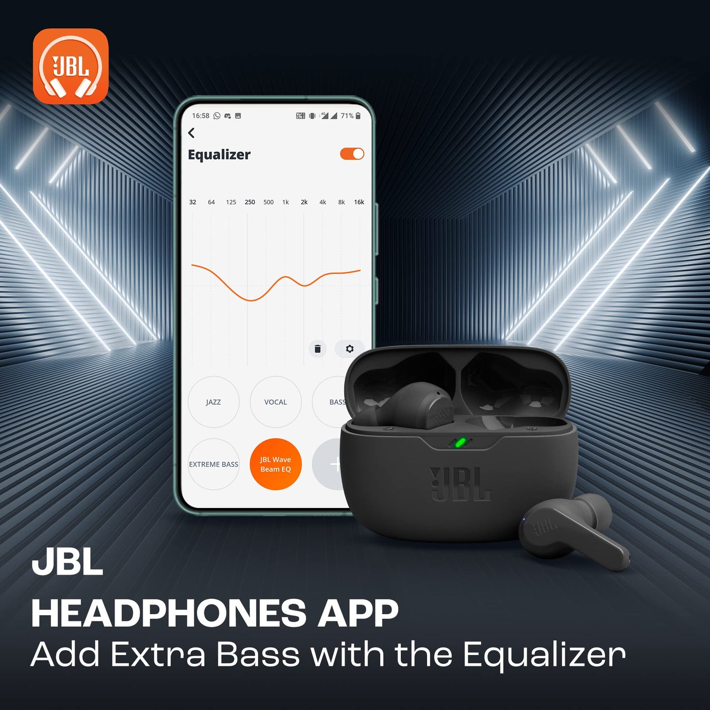 JBL Wave Beam – Kabellose In-Ear-Kopfhörer mit IP54/IPX2, Freisprechfunktion, 32 Std. Akkulaufzeit – Schwarz