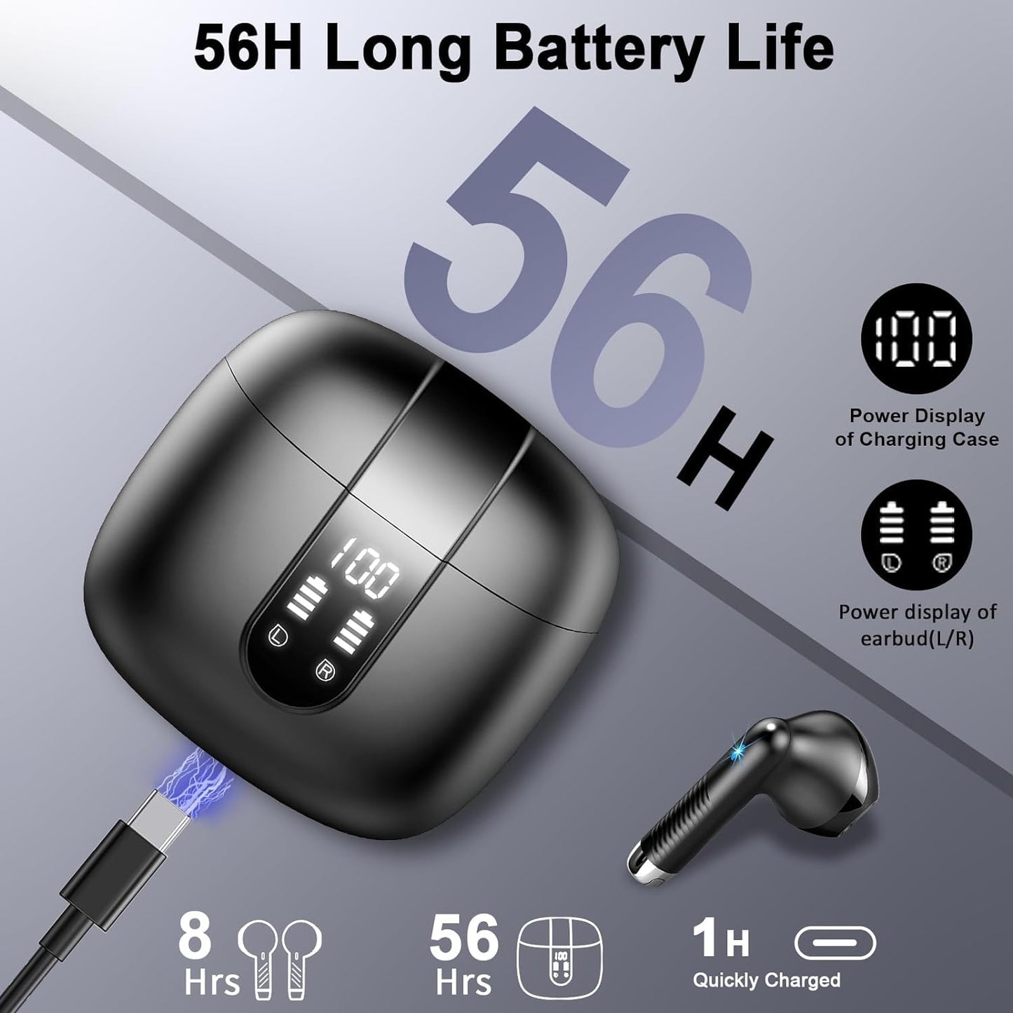 Bluetooth 5.4 In-Ear-Kopfhörer – Kabellos, 56 Std. Wiedergabe, 4 ENC Mikrofone, Noise-Cancelling, IP7 Wasserdicht, USB-C Ladecase – Schwarz