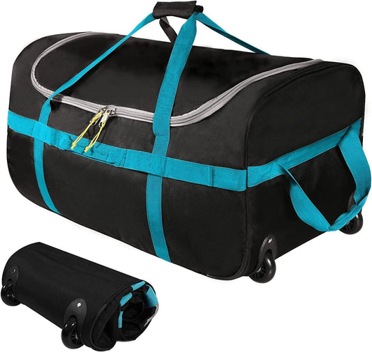 CampMax 85L Faltbare Reisetasche mit Rollen – Große Trolley Sporttasche für Reise & Camping, Schwarz/Blau